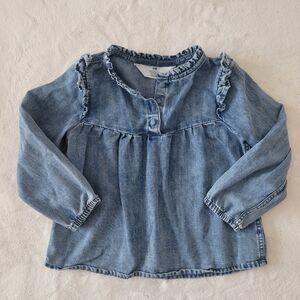 🧸2/20$ H&M Blue Denim Kids Blouse Size 4-5T Ruffles Long Sleeves Feminine